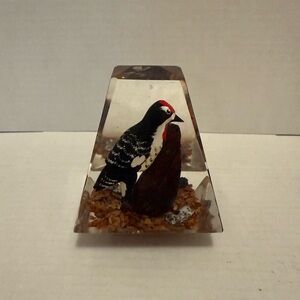 Lucite Paperweight :Rare: Woodpecker Canada Hand Carved Wood Vintage